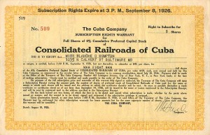 Consolidated Railroads of Cuba - 1926 dated Stock Warrant